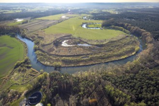 Aerial view, Lippe floodplain and river Lippe meander at the sewage treatment plant Olfen,
