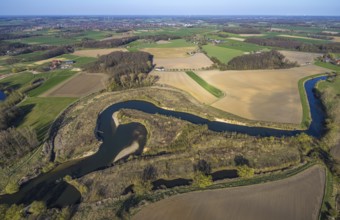 Aerial view, river Lippe meander, Lippe loop, river development and floodplain development of the