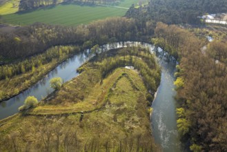 Aerial view, river Lippe meander, Lippe loop, river development and floodplain development of the