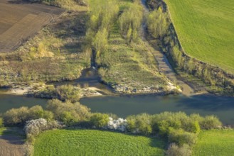Aerial view, Mühlenbach tributary into the river Lippe, green area, Hötting, Datteln, Münsterland,