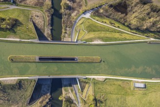 Aerial view, canal bridge Lippe Neue Fahrt, Dortmund-Ems-Kanal, NSG Lippeaue, river and floodplain