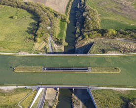 Aerial view, canal bridge Lippe Neue Fahrt, Dortmund-Ems-Kanal, NSG Lippeaue, river and floodplain