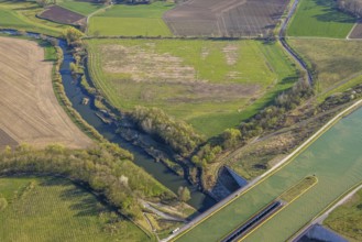 Aerial view, canal bridge Lippe Neue Fahrt, Dortmund-Ems-Kanal, NSG Lippeaue, river and floodplain