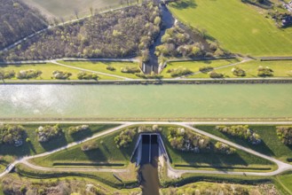 Aerial view, Hohe Mark nature park Park, Datteln-Ems Canal canal overpass and river Stever,