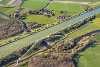 Aerial view, Hohe Mark nature park Park, Datteln-Ems Canal canal overpass and river Stever,