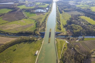 Aerial view, canal bridge Lippe Neue Fahrt, Dortmund-Ems-Kanal, NSG Lippeaue, river and floodplain
