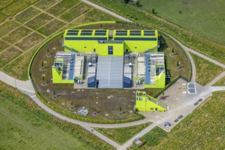 Aerial view, pumping station Oberhausen AKE, green building, Buschhausen, Oberhausen, Ruhr area,