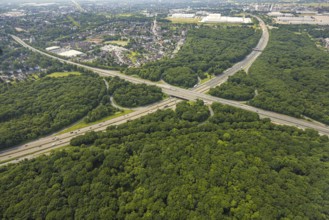 Aerial view, motorway junction Oberhausen with the motorways A2 and A3, nature reserve NSG