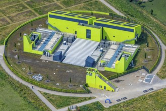 Aerial view, pumping station Oberhausen AKE, green building, Buschhausen, Oberhausen, Ruhr area,