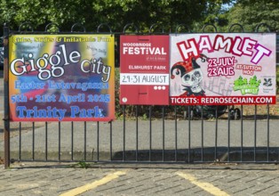 Advertising posters for art and community events, Woodbridge, Suffolk, England, UK