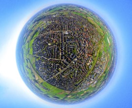 Aerial view, residential area, Olfen cityscape, earth globe, fisheye image, 360 degree image, tiny