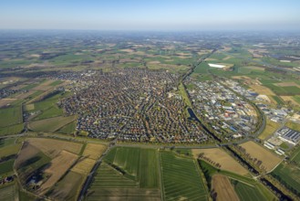 Aerial view, overview residential area Olfen, surrounded by meadows and fields, on the right Alte