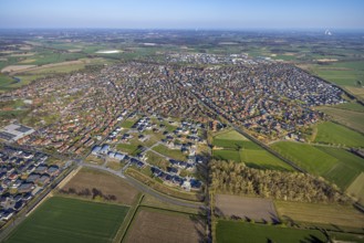 Aerial view, construction area, new development area Olfener Heide, streets with flower names,