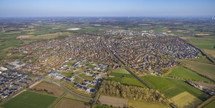 Aerial view, construction area, new development area Olfener Heide, streets with flower names,