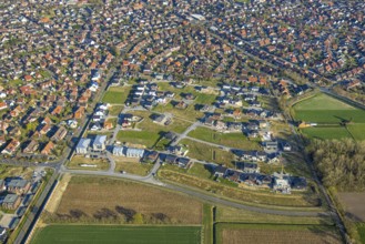 Aerial view, construction area, new development area Olfener Heide, streets with flower names,