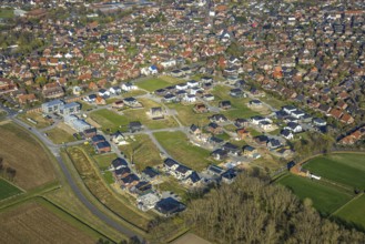 Aerial view, construction area, new development area Olfener Heide, streets with flower names,