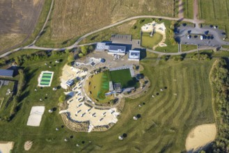 Aerial view, natural swimming pool Olfen outdoor pool and sandy beach and water playground,