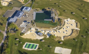 Aerial view, natural swimming pool Olfen outdoor pool and sandy beach and water playground,