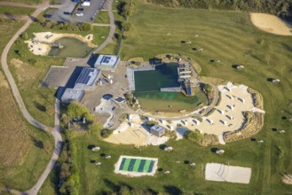 Aerial view, natural swimming pool Olfen outdoor pool and sandy beach and water playground,