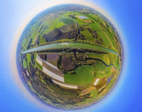 Aerial view, canal bridge Lippe Neue Fahrt, Dortmund-Ems-Kanal, NSG Lippeaue, earth globe, fisheye