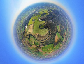 Aerial view, Lippe floodplain and river Lippe meander, earth globe, fisheye shot, fisheye shot, 360