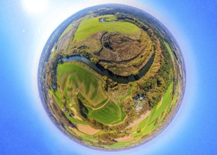 Aerial view, Lippe floodplain and river Lippe meander, meadows and fields, globe, fisheye image,