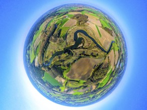Aerial view, Lippe floodplain and river Lippe meander, meadows and fields, globe, fisheye image,