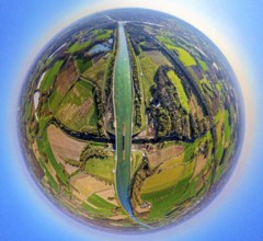 Aerial view, canal bridge Lippe Neue Fahrt, Dortmund-Ems-Kanal, NSG Lippeaue, earth globe, fisheye