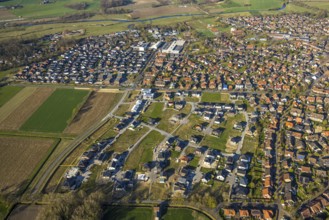 Aerial view, construction area, new development area Olfener Heide, streets with flower names,