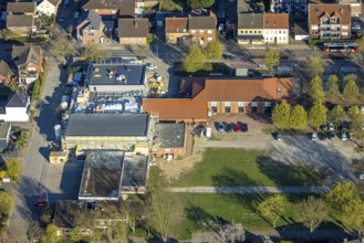 Aerial photo, volunteer fire brigade, indoor swimming pool construction site and town hall, Olfen