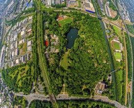Aerial view, Kaisergarten Park and Zoo, forest with lake, globe, fisheye image, fisheye image, 360