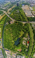 Aerial view, Kaisergarten Park and Zoo, forest with lake, globe, fisheye image, fisheye image, 360
