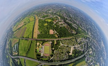 Aerial view, Ruhrpark forest area on the Ruhr river and Ruhr valley with railway bridge,