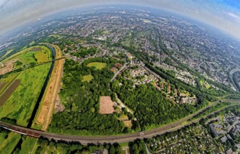 Aerial view, Ruhrpark forest area on the Ruhr river and Ruhr valley with railway bridge,