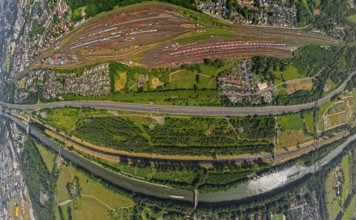 Aerial view, Deutsche Bahn AG Osterfeld freight station, A42 motorway and Vondern Castle on the