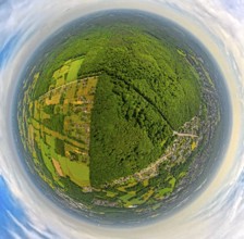 Aerial view, Hiesfeld forest, meadows and fields, globe, fisheye image, fisheye image, 360 degree