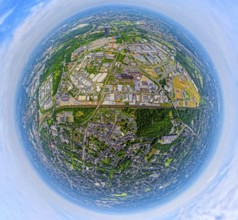 Aerial view, Westfield Centro shopping centre Neue Mitte with gasometer, motorway A42 and river