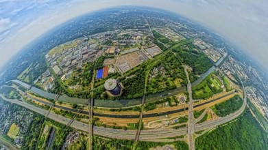 Aerial view, Westfield Centro shopping centre Neue Mitte with gasometer, motorway A42 and river