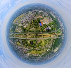 Aerial view, Westfield Centro shopping centre Neue Mitte with gasometer, motorway A42 and river