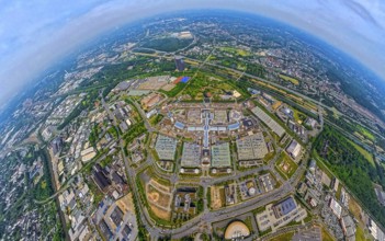 Aerial view, Westfield Centro shopping centre Neue Mitte with gasometer, motorway A42 and river