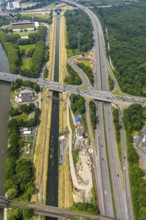 Aerial view, motorway junction Oberhausen-Zentrum and motorway bridges, motorway A42 and federal