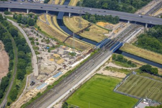 Aerial view, Five bridges over the river Emscher, motorway A42 and railway bridges, Oberhausen,