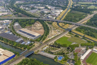 Aerial view, Five bridges, motorway A42 and railway bridges over river Emscher and