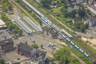Aerial view, Sterkrade railway station with goods train, ZOB bus station and station forecourt,