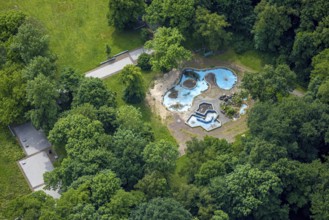 Aerial view, Revierpark Vonderort with water playground in the forest, Bottroper Straße, Osterfeld,