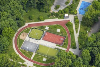 Aerial view, Revierpark Vonderort with outdoor swimming pool in the forest, Bottroper Straße,
