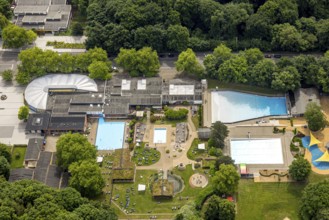 Aerial view, Revierpark Vonderort with outdoor swimming pool in the forest, Bottroper Straße,