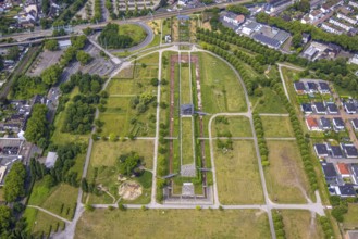 Aerial view, OLGA-Park with observation tower, meadows and green trees, Osterfeld, Oberhausen, Ruhr