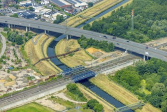 Aerial view, Five bridges over the river Emscher, motorway A42 and railway bridges, Oberhausen,