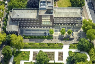Aerial view, town hall city administration Oberhausen, front view with town hall clock, Oberhausen,